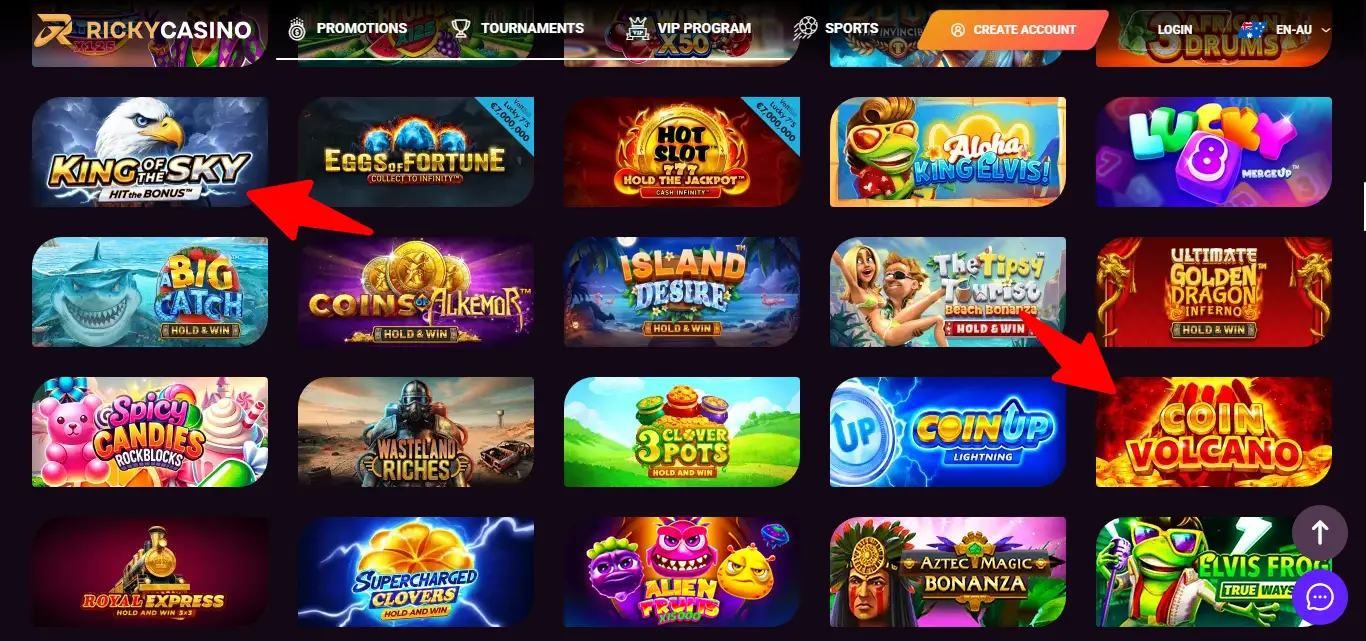 Ricky Casino AU mobile lobby screenshot with popular Aussie pokies